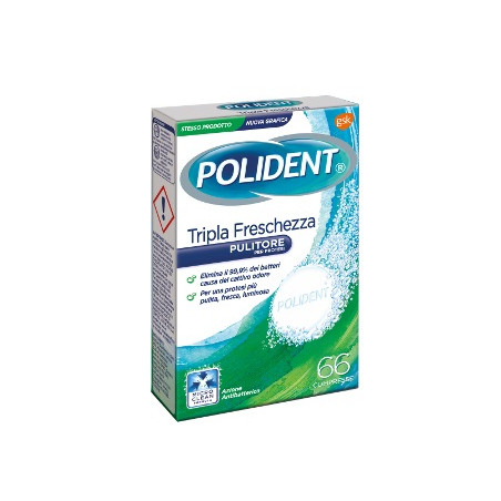 Confezione da 66 compresse di Polident Tripla Freschezza, pulitore per protesi dentarie.