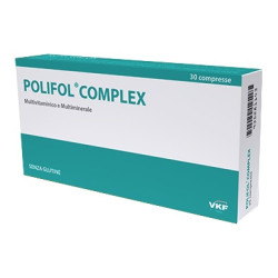 Confezione da 30 compresse di Polifol Complex, integratore per la salute materna in gravidanza.