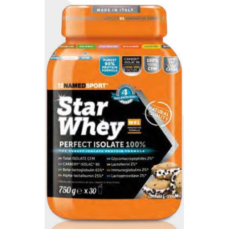 Barattolo da 750 grammi di Named Sport Star Whey Perfect Isolate 100%, integratore di proteine per atleti e sportivi. Barattolo da 750 grammi di Named Sport Star Whey Perfect Isolate 100%, integratore di proteine per atleti e sportivi.
