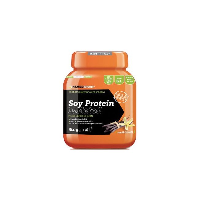 Barattolo da 500 grammi di Named Sport Soy Protein Isolate Vanilla Cream, integratore per lo sviluppo della massa muscolare. Barattolo da 500 grammi di Named Sport Soy Protein Isolate Vanilla Cream, integratore per lo sviluppo della massa muscolare.
