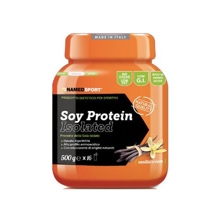 Barattolo da 500 grammi di Named Sport Soy Protein Isolate Vanilla Cream, integratore per lo sviluppo della massa muscolare. Barattolo da 500 grammi di Named Sport Soy Protein Isolate Vanilla Cream, integratore per lo sviluppo della massa muscolare.