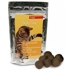 Confezione da 40 grammi di Bolo Via, integratore per eliminare i boli di pelo nei gatti.