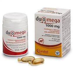 Confezione da 30 capsule di Duomega 1000, mangime complementare per cani di grossa taglia.
