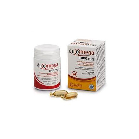 Confezione da 30 capsule di Duomega 1000, mangime complementare per cani di grossa taglia. Confezione da 30 capsule di Duomega 1000, mangime complementare per cani di grossa taglia.