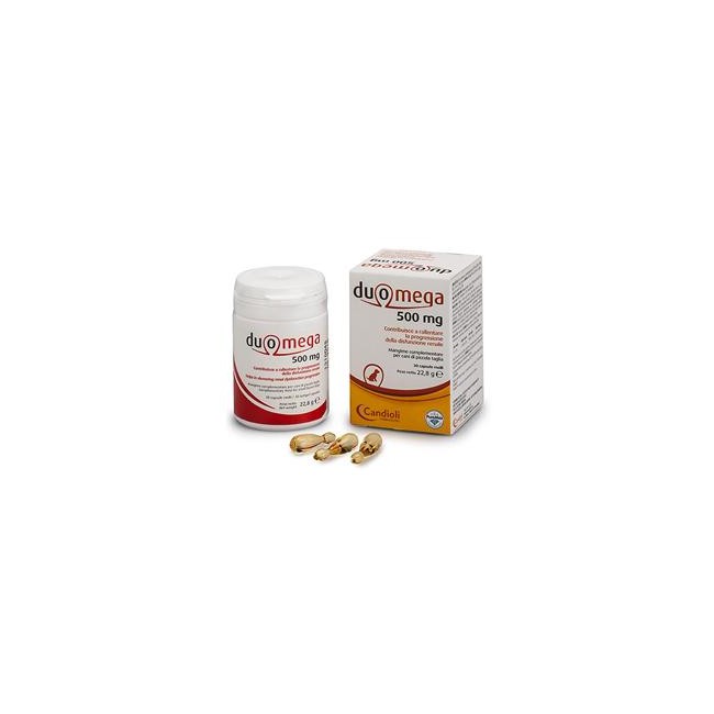 Confezione da 30 capsule di Duomega 500, mangime complementare per cani di piccola taglia. Confezione da 30 capsule di Duomega 500, mangime complementare per cani di piccola taglia.