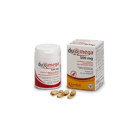 Confezione da 30 capsule di Duomega 500, mangime complementare per cani di piccola taglia.