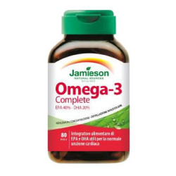 Flacone da 80 perle di Jamieson Omega 3 Complete, integratore per abbassare il colesterolo e i trigliceridi.