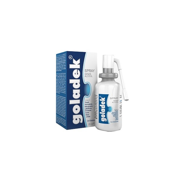 Flacone spray da 25 ml. di Goladek Spray, integratore con propoli utile in caso di mal di gola. Flacone spray da 25 ml. di Goladek Spray, integratore con propoli utile in caso di mal di gola.