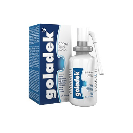 Flacone spray da 25 ml. di Goladek Spray, integratore con propoli utile in caso di mal di gola.