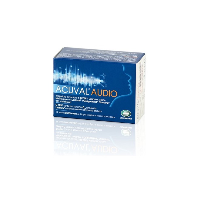 Confezione da 14 bustine orosolubili di Acuval Audio per problemi all'udito e acufeni. Confezione da 14 bustine orosolubili di Acuval Audio per problemi all'udito e acufeni.