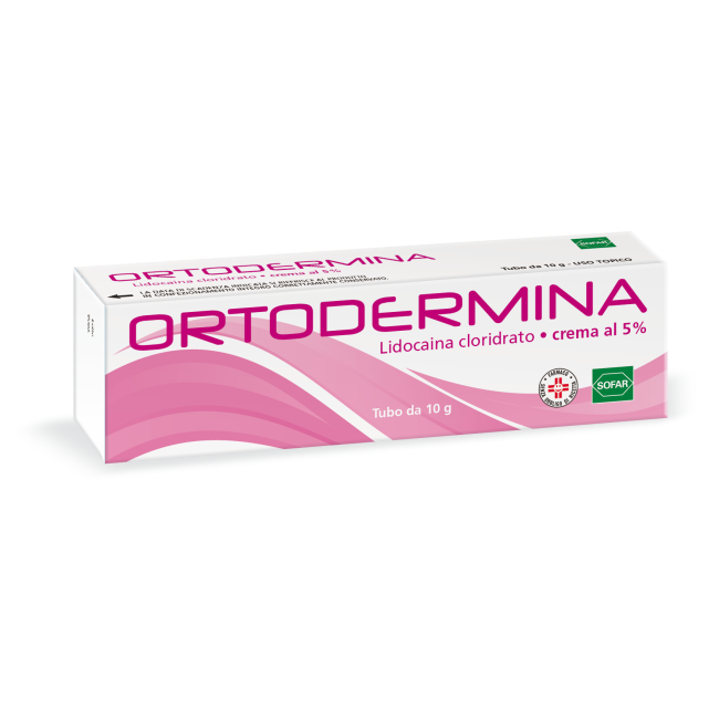 Tubo da 10 g di Ortodermina, crema anestetica per ridurre gli stimoli dolorosi sulla pelle.