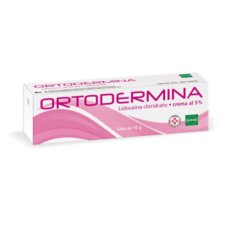 Tubo da 10 g di Ortodermina, crema anestetica per ridurre gli stimoli dolorosi sulla pelle.