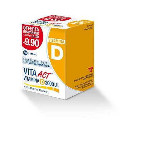 Confezione da 60 compresse di Vita ACT Vitamina D 2000 UI, integratore per ossa e sistema immunitario. Confezione da 60 compresse di Vita ACT Vitamina D 2000 UI, integratore per ossa e sistema immunitario.