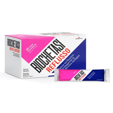Confezione da 20 stick di Biochetasi Reflusso, integratore per acidità e reflusso.