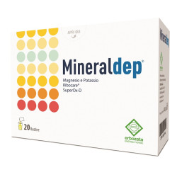 Confezione da 20 bustine di Mineraldep, integratore energetico con sali minerali.