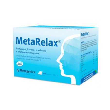 Confezione da 40 bustine di Metagenics Metarelax integratore contro stanchezza e stress.