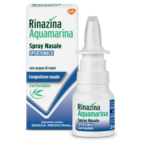 Flacone da 20 ml di Rinazina Acquamarina Spray Nasale Ipertonico Per Raffreddore E Sinusite.