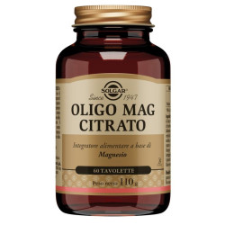 Barattolo da 60 tavolette di Solgar Oligo Mag Citrato, integratore di magnesio per benessere muscolare e nervoso.