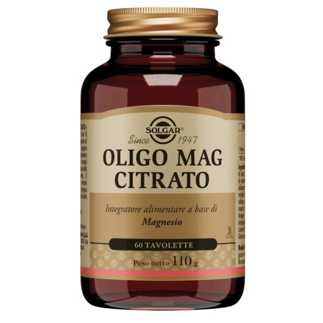 Barattolo da 60 tavolette di Solgar Oligo Mag Citrato, integratore di magnesio per benessere muscolare e nervoso.