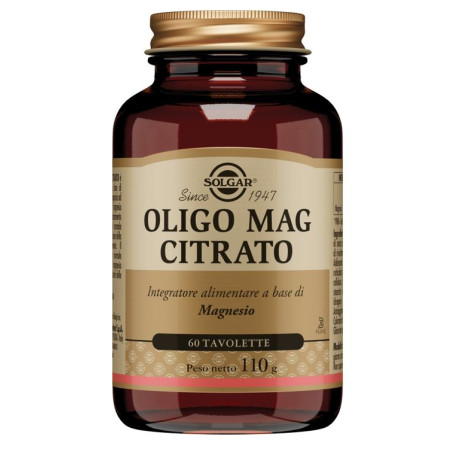 Barattolo da 60 tavolette di Solgar Oligo Mag Citrato, integratore di magnesio per benessere muscolare e nervoso.