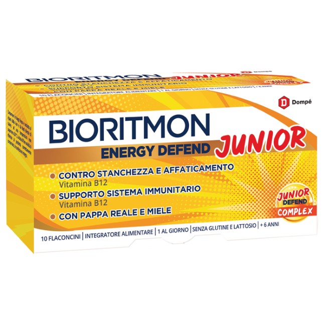 Confezione da 10 flaconi di Bioritmon Energy Defend Junior integratore energetico e per le difese immunitarie. Confezione da 10 flaconi di Bioritmon Energy Defend Junior integratore energetico e per le difese immunitarie.