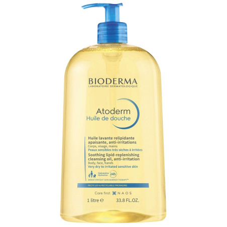 Flacone da 1 litro con dosatore di Bioderma Atoderm Olio Doccia Detergente Nutritivo Lenitivo.