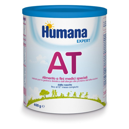 Barattolo da 400 grammi di Humana AT Expert, latte in polvere per bambini con allergia alle proteine del latte vaccino.