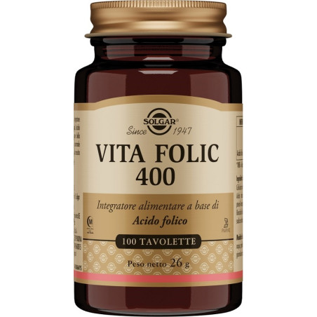 Barattolo da 100 tavolette di Solgar Vita Folic 400, integratore di acido folico per donne in gravidanza. Barattolo da 100 tavolette di Solgar Vita Folic 400, integratore di acido folico per donne in gravidanza.
