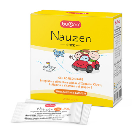 Confezione da 20 stick di Buona Nauzen Stick, integratore digestivo e antinausea per bambini. Confezione da 20 stick di Buona Nauzen Stick, integratore digestivo e antinausea per bambini.