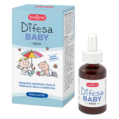 Flacone da 20 ml di Buona Difesa Baby, integratore per il sistema immunitario di bambini e neonati. Flacone da 20 ml di Buona Difesa Baby, integratore per il sistema immunitario di bambini e neonati.