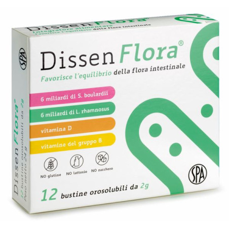 Confezione da 12 bustine di Dissen Flora per il benessere intestinale di adulti e bambini Confezione da 12 bustine di Dissen Flora per il benessere intestinale di adulti e bambini