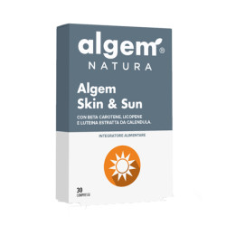 Confezione da 30 compresse di Algem Skin & Sun, integratore per abbronzatura e salute della pelle.