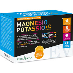 Confezione da 20 bustine di Magnesio Potassio + Vitamina C, integratore per energia e sistema immunitario.