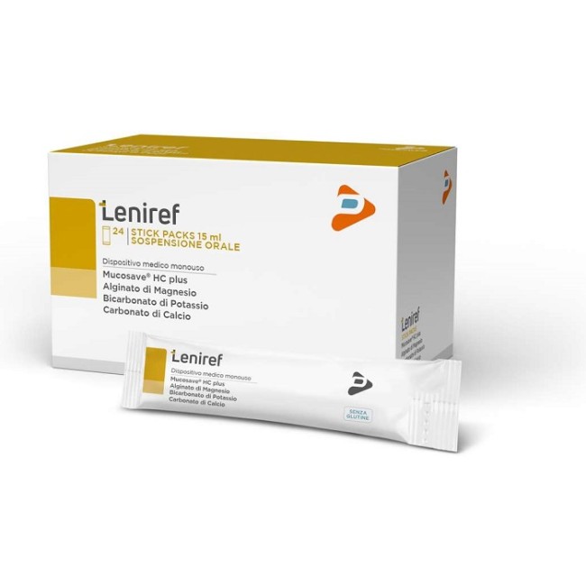 Confezione da 24 bustine liquide di Leniref integratore per il reflusso e acidità di stomaco Confezione da 24 bustine liquide di Leniref integratore per il reflusso e acidità di stomaco