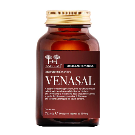Flacone da 60 capsule di Salugea Venasal, integratore per microcircolo e benessere delle gambe.