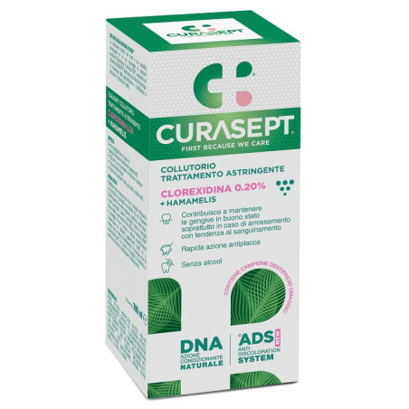 Flacone da 200 ml di Curasept Collutorio ADS DNA 0,20% Clorexidina per trattamento astringente. Flacone da 200 ml di Curasept Collutorio ADS DNA 0,20% Clorexidina per trattamento astringente.