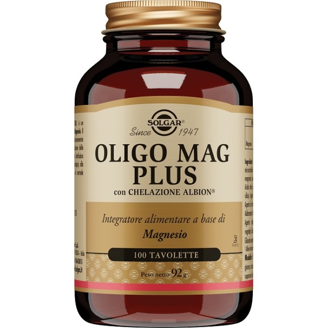 Barattolo contenente 100 tavolette di Solgar Oligo Mag Plus, integratore contro stanchezza ed affaticamento. Barattolo contenente 100 tavolette di Solgar Oligo Mag Plus, integratore contro stanchezza ed affaticamento.