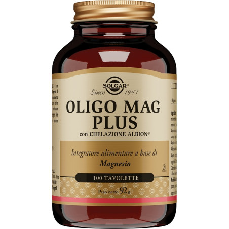 Barattolo contenente 100 tavolette di Solgar Oligo Mag Plus, integratore contro stanchezza ed affaticamento.