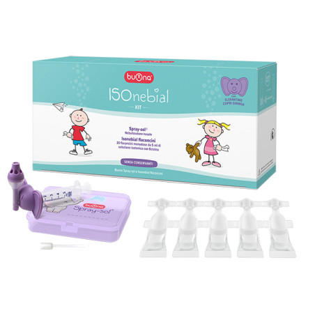 Confezione contenente 20 flaconcini e altri accessori di Buona Isonebial Kit, soluzione isotonica per igiene nasale. Confezione contenente 20 flaconcini e altri accessori di Buona Isonebial Kit, soluzione isotonica per igiene nasale.