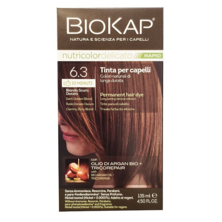 Tubetto da 135 ml di Bios Line Biokap Nutricolor Delicato Rapid 6.3, tinta per capelli biondo scuro dorato. Tubetto da 135 ml di Bios Line Biokap Nutricolor Delicato Rapid 6.3, tinta per capelli biondo scuro dorato.