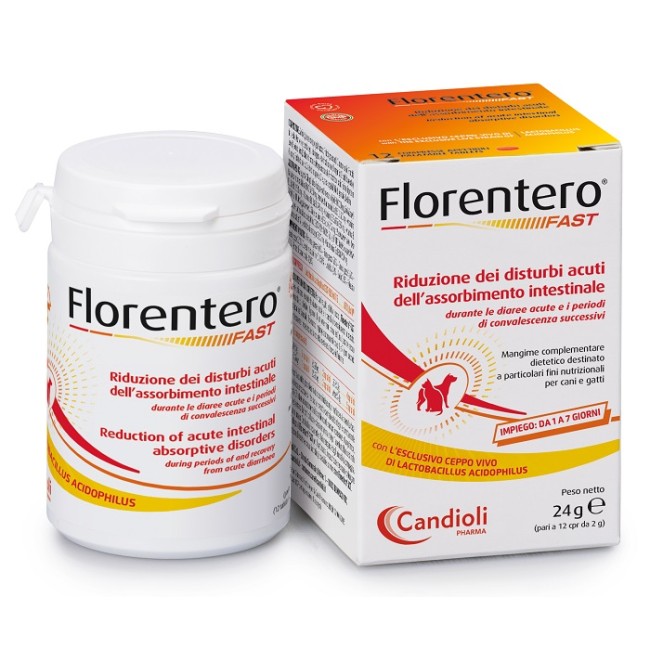 Barattolo da 12 compresse di Florentero Fast, integratore per cani e gatti, utile in caso di disturbi intestinali. Barattolo da 12 compresse di Florentero Fast, integratore per cani e gatti, utile in caso di disturbi intestinali.