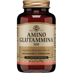 Barattolo da 50 capsule vegetali di Solgar Amino Glutammina 500, integratore per l'energia fisica e mentale.