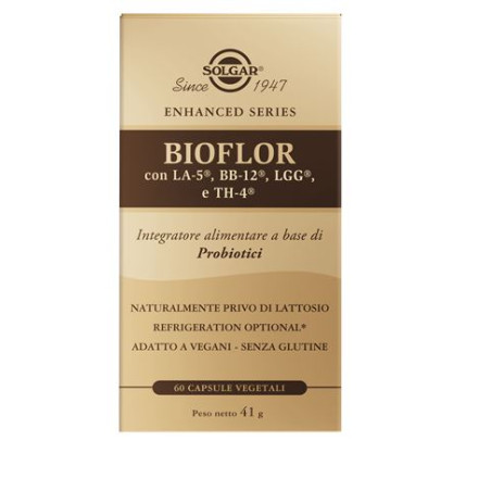 Confezione da 60 capsule di Solgar Bioflor, integratore di probiotici per la flora intestinale.