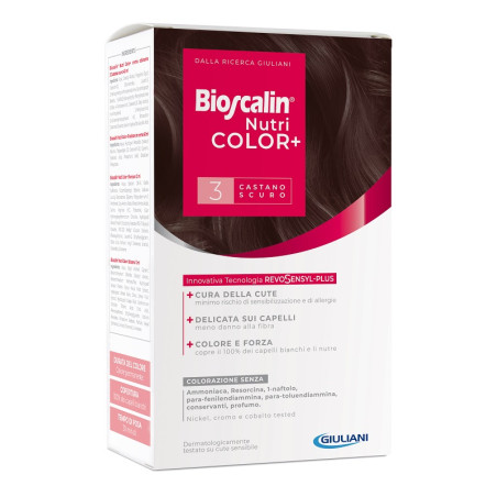 Confezione contenente Bioscalin Nutricolor Plus Crema Colorante per Capelli Castano Scuro 3