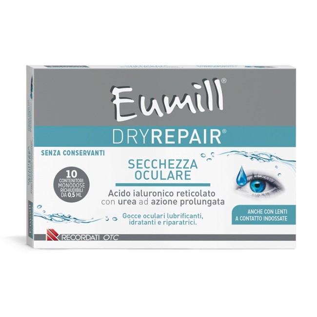 Confezione contenente 10 pezzi da 0,5 ml di Eumill Dryrepair, collirio idratante e lenitivo. Confezione contenente 10 pezzi da 0,5 ml di Eumill Dryrepair, collirio idratante e lenitivo.
