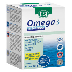 Confezione da 50 perle di Esi Omega 3 Extra Pure, integratore per la funzione cardiaca e cerebrale.