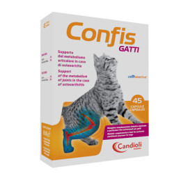 Confezione da 45 capsule di Confis Gatti, integratore per la salute delle articolazioni dei gatti.
