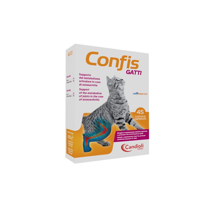 Confezione da 45 capsule di Confis Gatti, integratore per la salute delle articolazioni dei gatti.