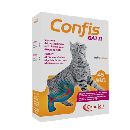 Confezione da 45 capsule di Confis Gatti, integratore per la salute delle articolazioni dei gatti.