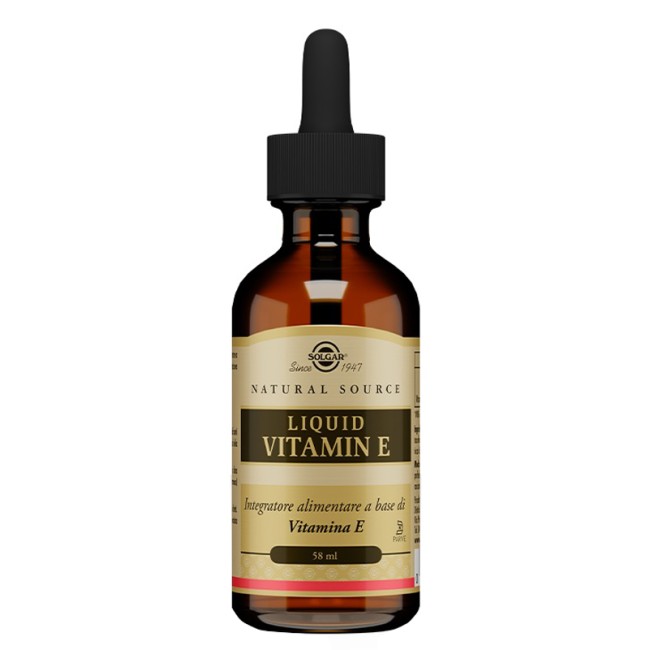 Flacone da 58 ml di Solgar Liquid Vitamina E, integratore per rallentare l'invecchiamento.